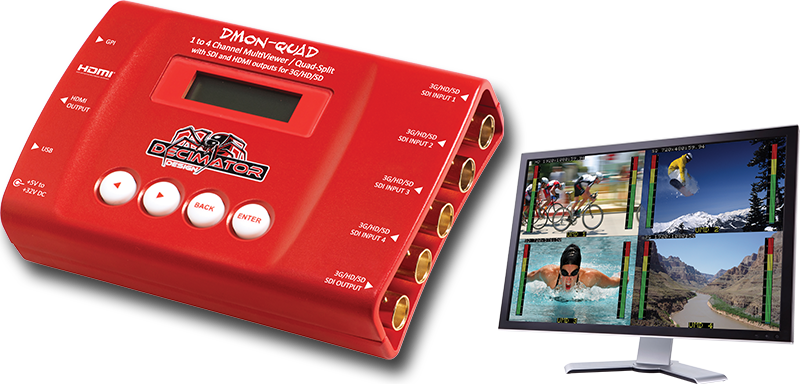 Decimator DMON-QUAD 4 x (3G/HD/SD)-SDI à HDMI Convertisseurs avec 1 à 4 MultiViewer, mises en page personnalisées et 8 canaux de mesure audio