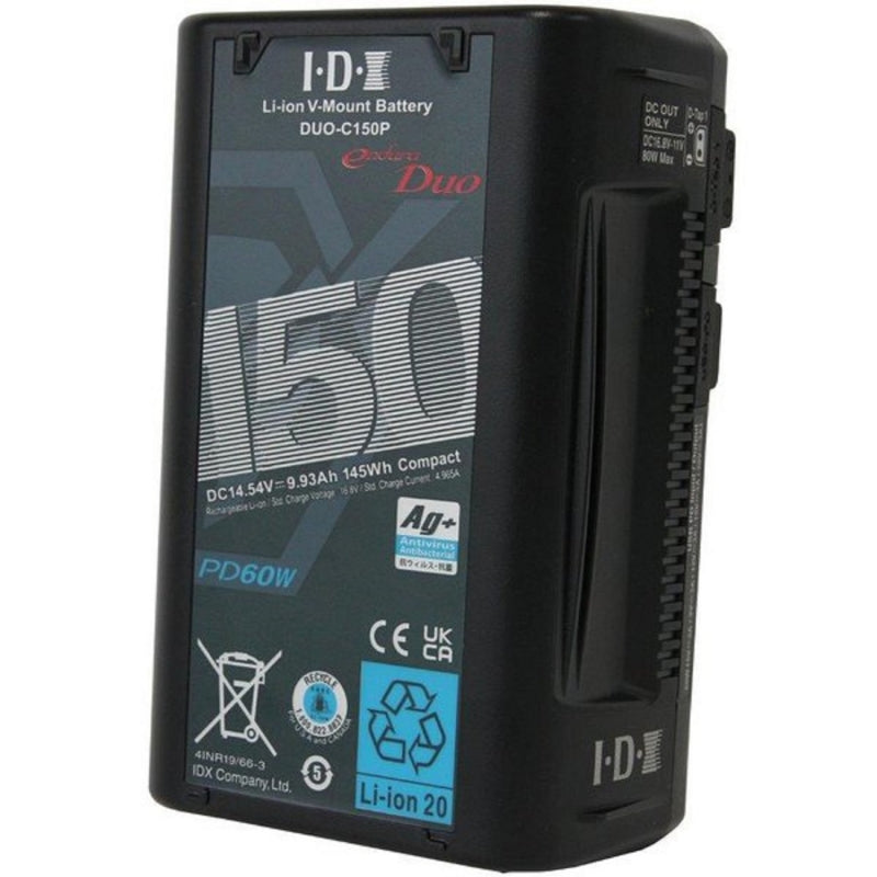 IDX Batterie Li-Ion V-mount 14.5V 145Wh avec Digital Data, V-Torch, 1 x D Tap Adv., 1 x D-Tap + USB PD In/ Out