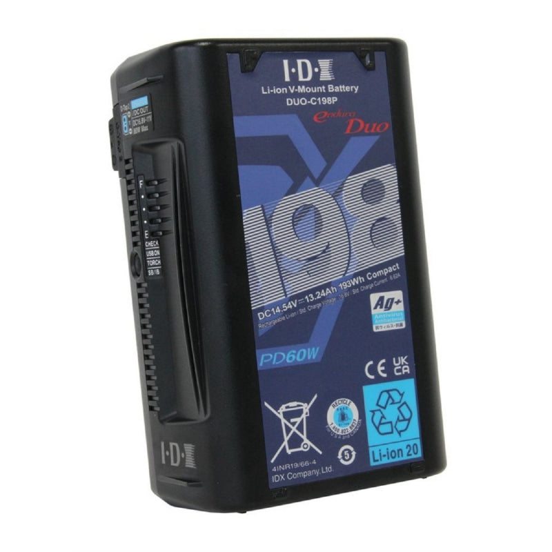 IDX Batterie Li-Ion V-mount 14.5V 193Wh avec Digital Data, V-Torch, 1 x D Tap Adv., 1 x D-Tap + USB PD In/ Out DUO-C198P