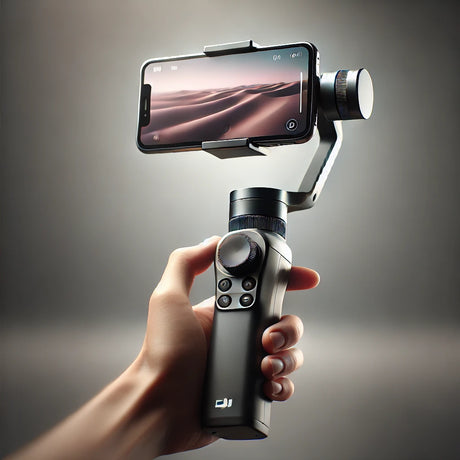 Image du stabilisateur tenant un smartphone en mode portrait, idéal pour les stories et les TikToks